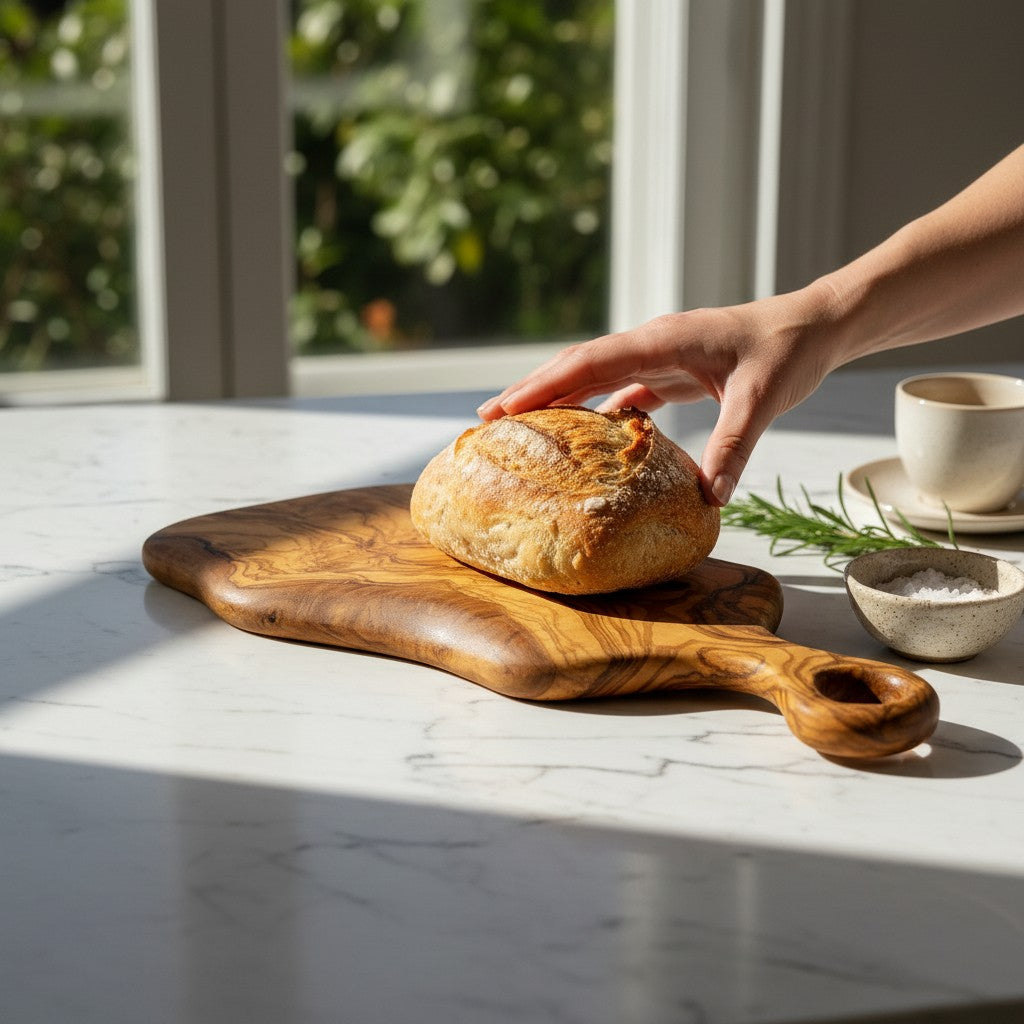 Handcrafted Olive Wood Charcuterie Board - Live Edge Serving Platter with Handle - Natural Rustic Cheese Board &amp; Cutting Surface