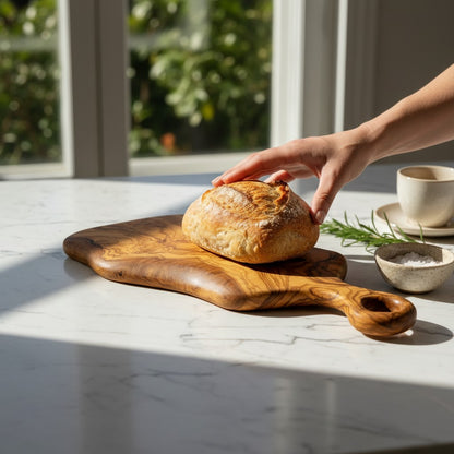 Handcrafted Olive Wood Charcuterie Board - Live Edge Serving Platter with Handle - Natural Rustic Cheese Board &amp; Cutting Surface