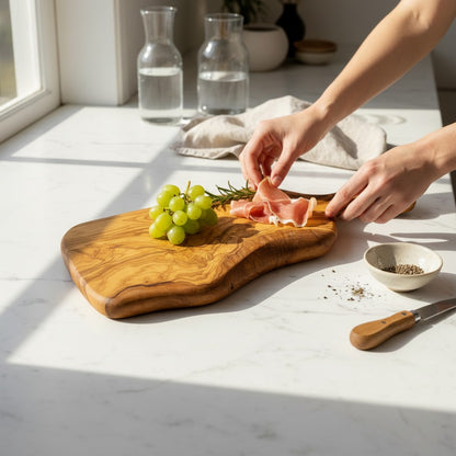 Handcrafted Olive Wood Charcuterie Board - Live Edge Serving Platter with Handle - Natural Rustic Cheese Board &amp; Cutting Surface