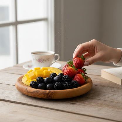 Olive Wood Circular Serving Board Platter | Round Wooden Charcuterie Tray Set