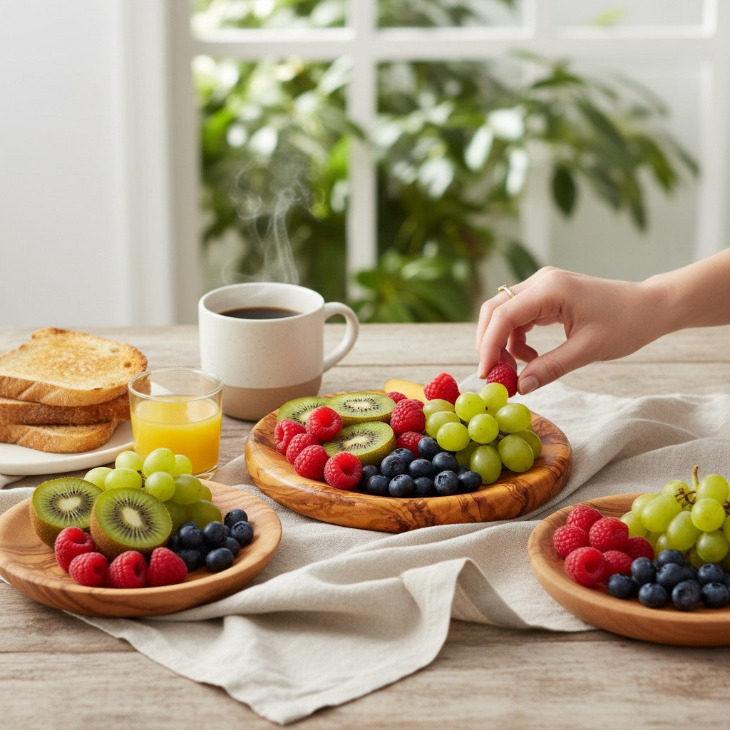 Olive Wood Circular Serving Board Platter | Round Wooden Charcuterie Tray Set
