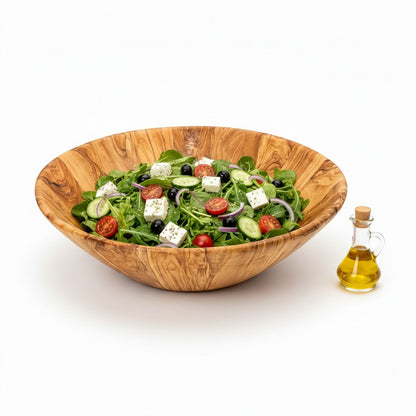 Handmade Olive Wood Large Salad Bowl | Deep Hand-Turned Wooden Fruit & Serving Bowl | Stunning Natural Grain | 35–45 cm