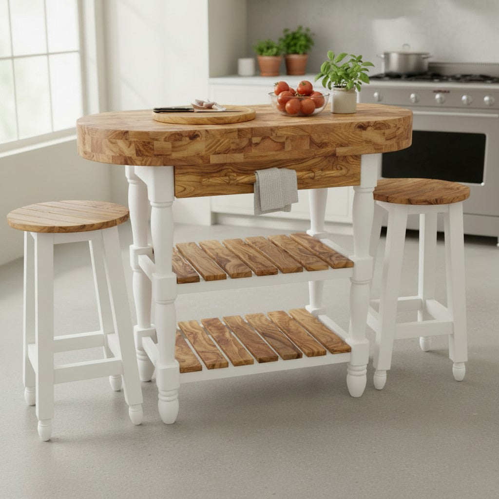 Luxury Oval Olive Wood Kitchen Island Set - Prep Table with 2 Bar Stools