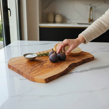 Handmade Olive Wood Live Edge Cutting Board — Rustic Charcuterie & Serving Board | Natural Bark Edge | Choose Your Size