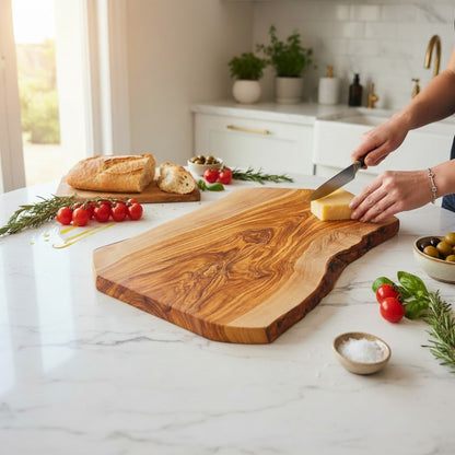 Handmade Olive Wood Live Edge Cutting Board — Rustic Charcuterie & Serving Board | Natural Bark Edge