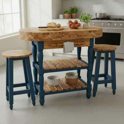 Luxury Oval Olive Wood Kitchen Island Set - Prep Table with 2 Bar Stools