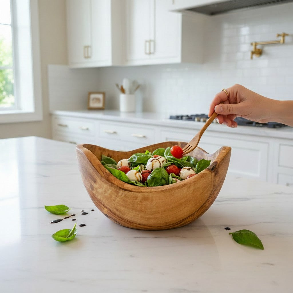 Handmade Olive Wood Live Edge Salad Bowl | Deep Freeform Fruit Serving & Mixing Bowl | Unique Natural Bark Edge | 12–38 cm