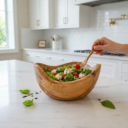 Handmade Olive Wood Live Edge Salad Bowl | Deep Freeform Fruit Serving & Mixing Bowl | Unique Natural Bark Edge | 12–38 cm