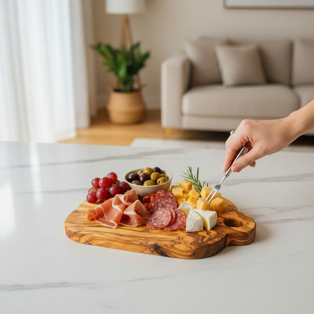Handmade Olive Wood Mini Charcuterie Board with Handle | Small Cheese & Antipasti Serving Board | Natural Grain | 25 cm