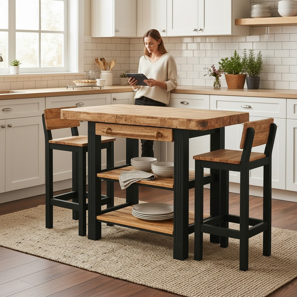 Luxury Wooden Kitchen Island Set with 2 Bar Stools - Storage Breakfast Bar Table