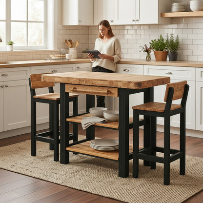 Luxury Wooden Kitchen Island Set with 2 Bar Stools - Storage Breakfast Bar Table