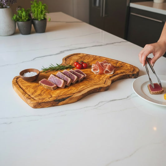 Handmade Olive Wood Rustic Freeform Cutting Board | Live Edge Meat & Charcuterie Serving Board | Antibacterial | 35–60 cm