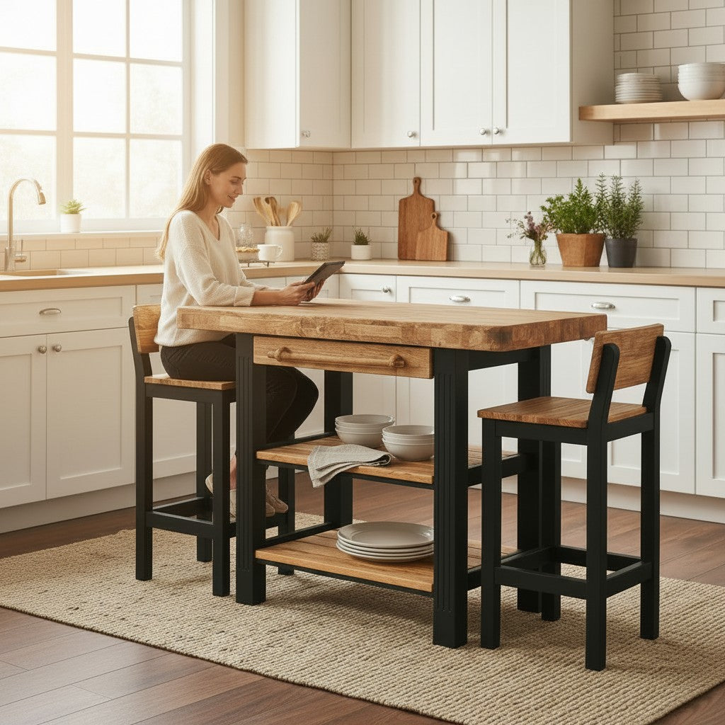 Luxury Wooden Kitchen Island Set with 2 Bar Stools - Storage Breakfast Bar Table
