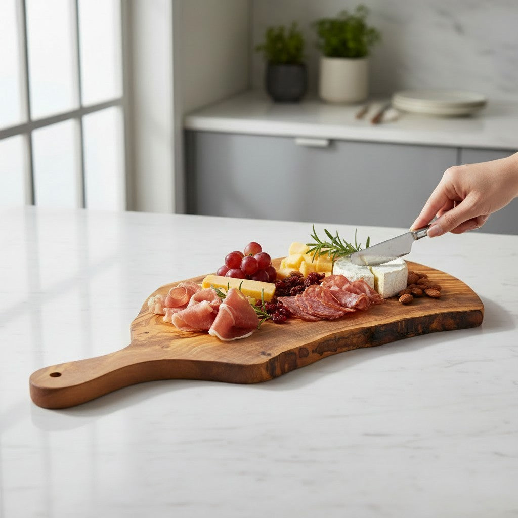 Handmade Olive Wood Live Edge Paddle Board with Handle | Rustic Freeform Charcuterie & Fruit Serving Board | Natural Grain | 30–40 cm