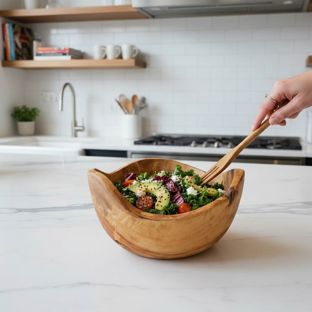 Handmade Olive Wood Live Edge Salad Bowl | Deep Freeform Fruit Serving & Mixing Bowl | Unique Natural Bark Edge | 12–38 cm
