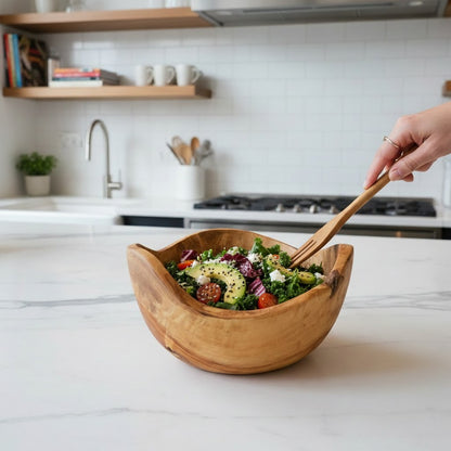 Handmade Olive Wood Live Edge Salad Bowl | Deep Freeform Fruit Serving & Mixing Bowl | Unique Natural Bark Edge | 12–38 cm