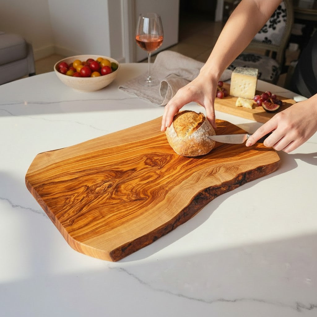 Handmade Olive Wood Live Edge Cutting Board — Rustic Charcuterie & Serving Board | Natural Bark Edge | Choose Your Size