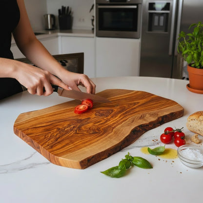 Handmade Olive Wood Live Edge Cutting Board — Rustic Charcuterie & Serving Board | Natural Bark Edge | Choose Your Size