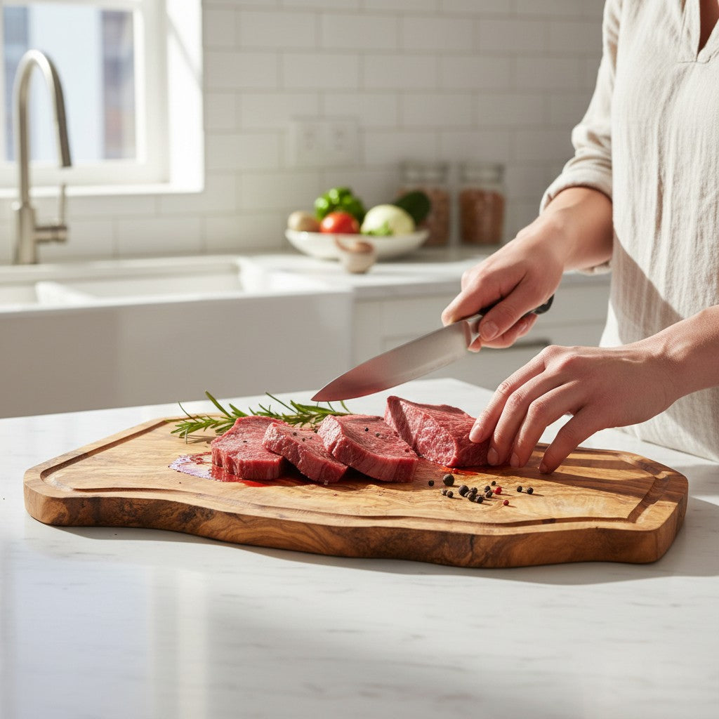 Handmade Olive Wood Rustic Freeform Cutting Board | Live Edge Meat & Charcuterie Serving Board | Antibacterial | 35–60 cm