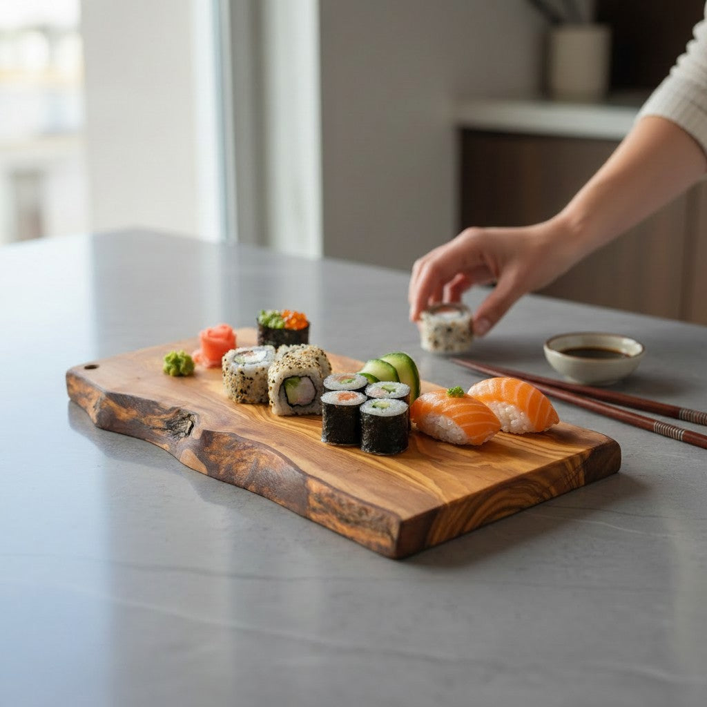 Handmade Olive Wood Rectangular Cutting Board | Live Edge Burl Grain Charcuterie & Serving Board | Hanging Hole | 30 cm
