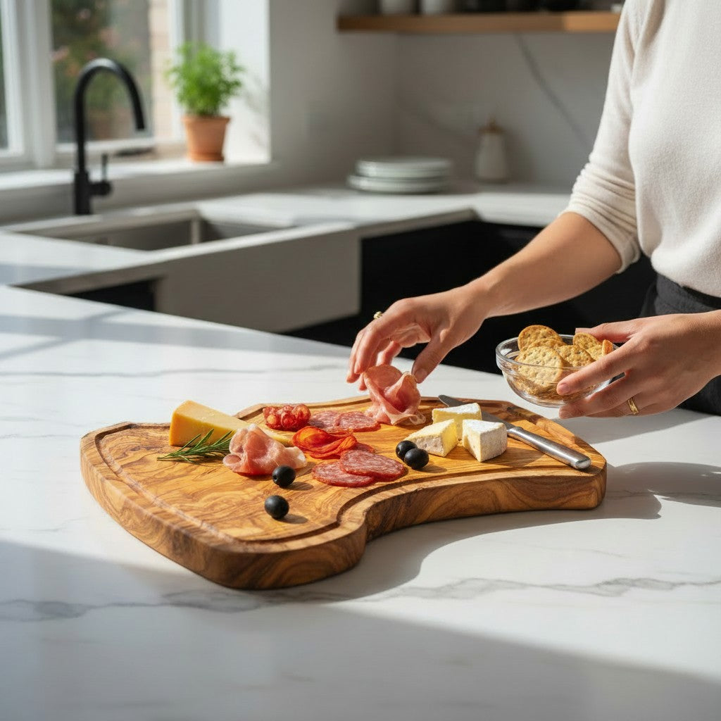 Handmade Olive Wood Rustic Freeform Cutting Board | Live Edge Meat & Charcuterie Serving Board | Antibacterial | 35–60 cm