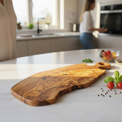 Handmade Olive Wood Freeform Serving Board with Round Loop Handle | Live Edge Cheese Charcuterie & Antipasti Board | Unique Grain | 35–50 cm