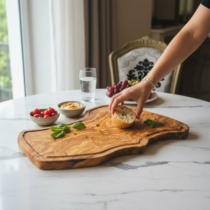 Handmade Olive Wood Rustic Freeform Cutting Board | Live Edge Meat & Charcuterie Serving Board | Antibacterial | 35–60 cm