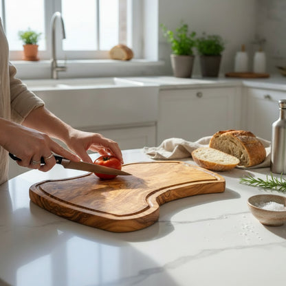 Handmade Olive Wood Rustic Freeform Cutting Board | Live Edge Meat & Charcuterie Serving Board | Antibacterial | 35–60 cm