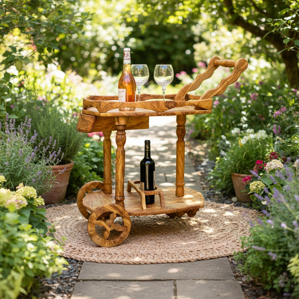 Luxury Solid Olive Wood Bar Cart | Handcrafted Rolling Wine & Beverage Serving Trolley