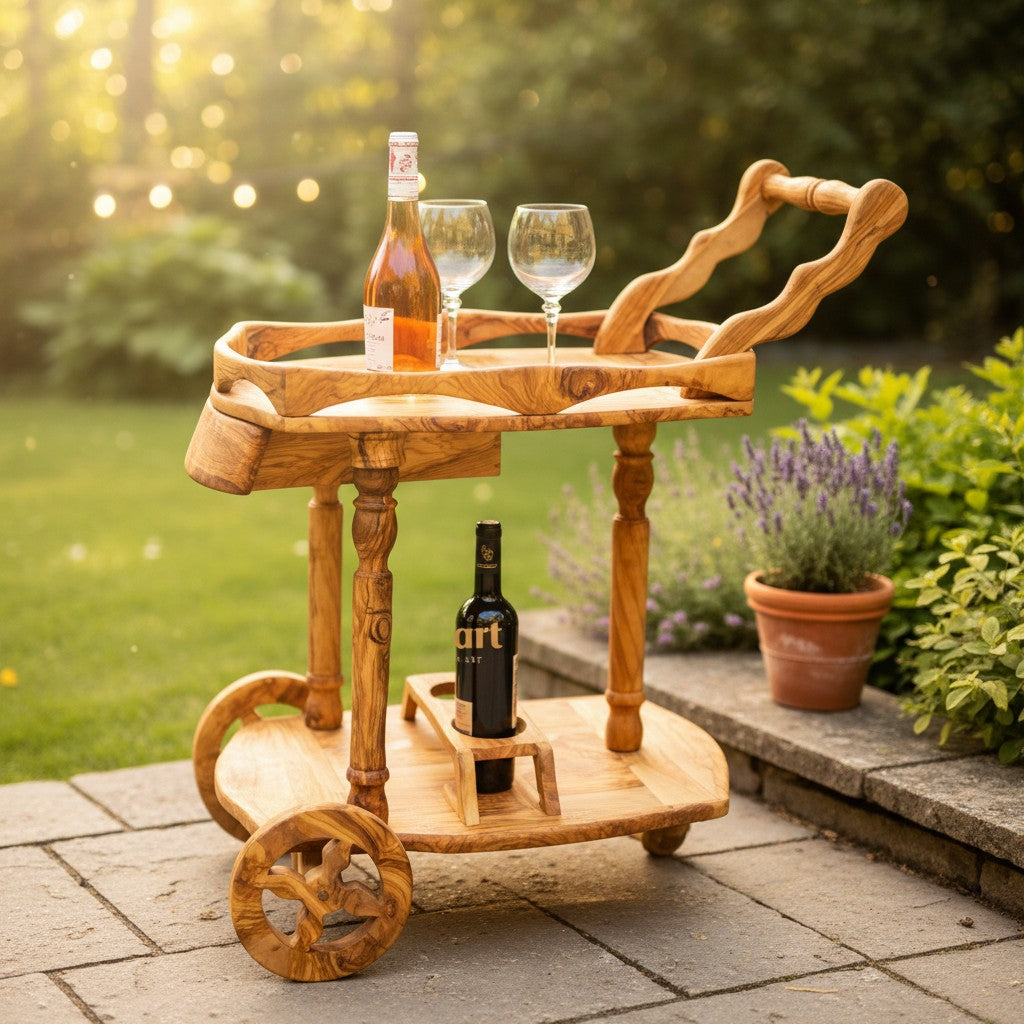 Luxury Solid Olive Wood Bar Cart | Handcrafted Rolling Wine & Beverage Serving Trolley