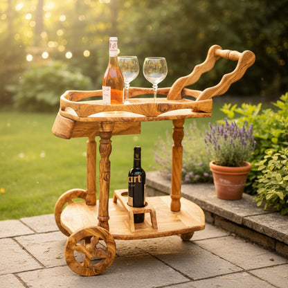 Luxury Solid Olive Wood Bar Cart | Handcrafted Rolling Wine & Beverage Serving Trolley