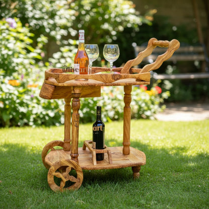 Luxury Solid Olive Wood Bar Cart | Handcrafted Rolling Wine & Beverage Serving Trolley