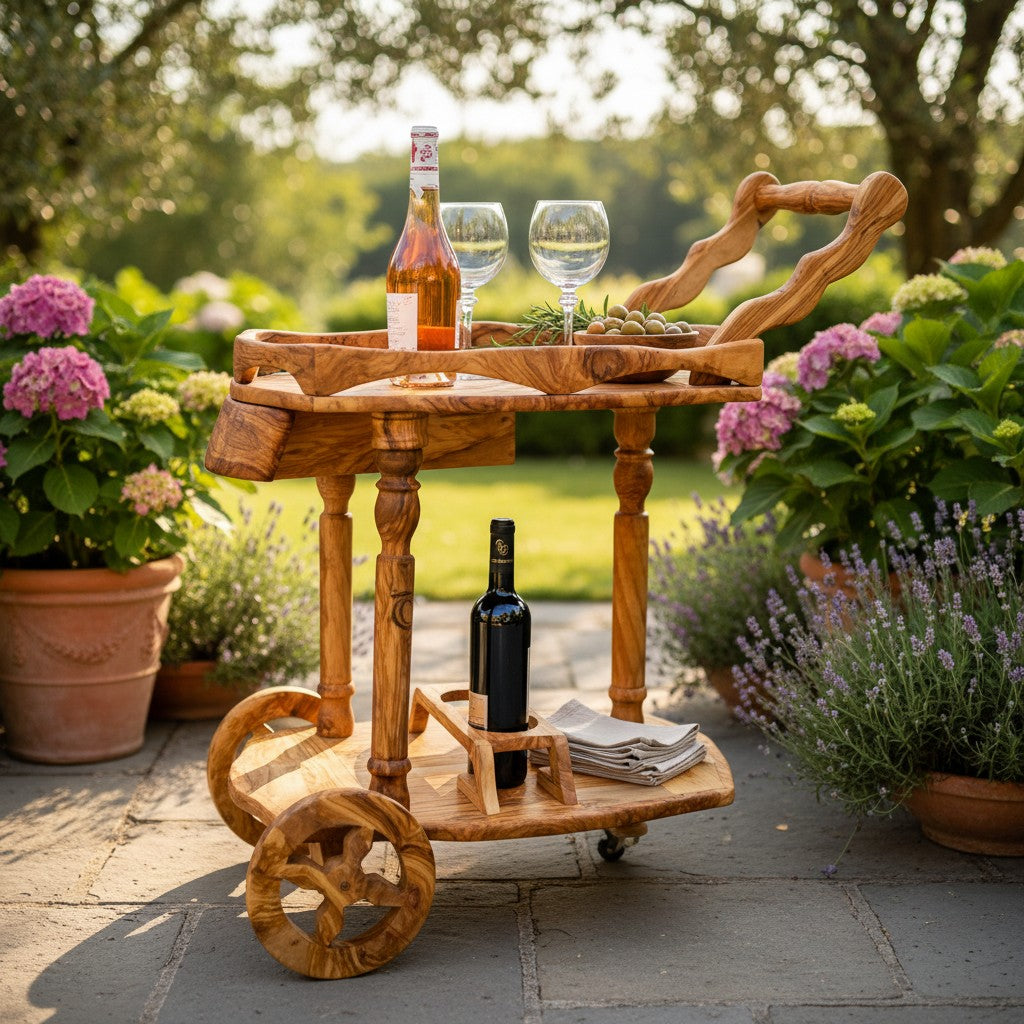 Luxury Solid Olive Wood Bar Cart | Handcrafted Rolling Wine & Beverage Serving Trolley