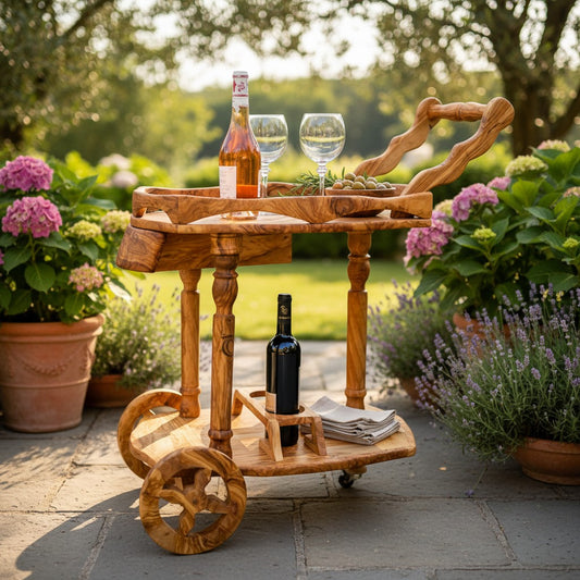 Luxury Solid Olive Wood Bar Cart | Handcrafted Rolling Wine & Beverage Serving Trolley