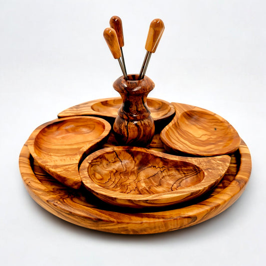 Olive Wood Handcrafted Wooden 4 Piece Appetizer Set Serving Tray/Platter W/ Skewers