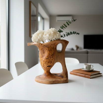 Handcrafted Olive Wood Pitcher Vase (34x20x28cm) | One-of-a-Kind Real Piece