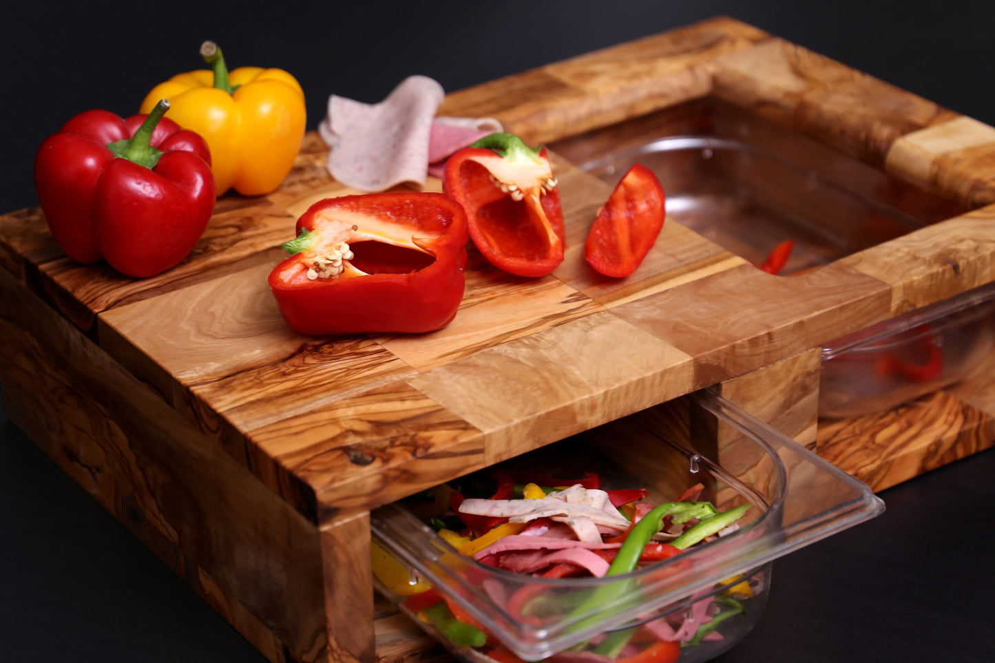 Olive Wood End Grain Cutting Board W/ 2 Containers