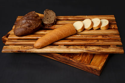 Olive wood Handcrafted Bread Cutting Board With Removable Slotted Cutting Grill And Base Serving Tray Crumb Catcher | Various Sizes