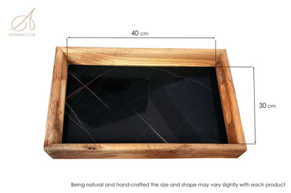 Olive Wood Rectangular Olive Wood Marble effect Tray with Handle