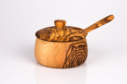 Olive Wood Handcrafted Tea Coffee Sugar Bowl W/ Spoon And Lid