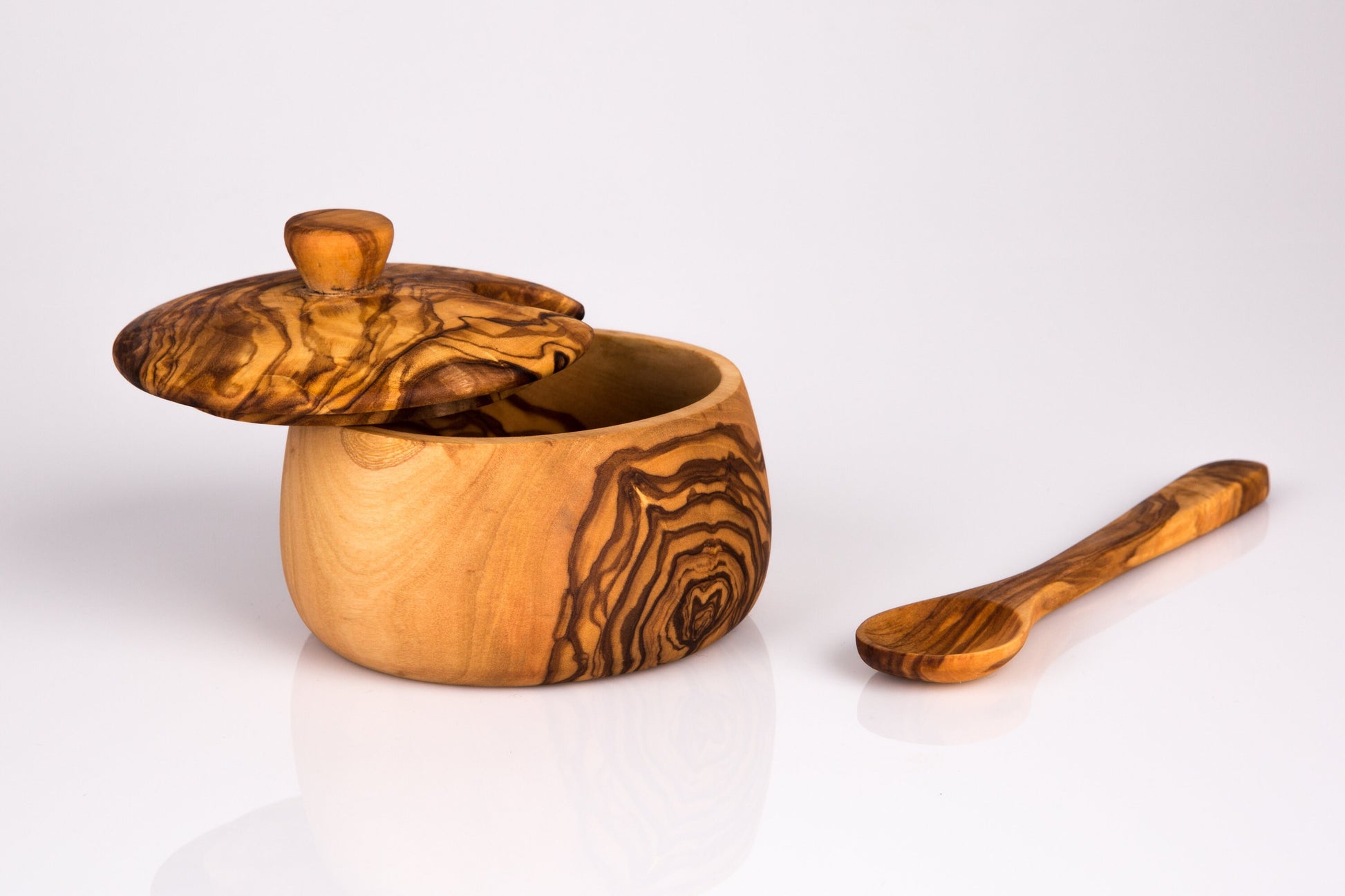 Olive Wood Handcrafted Tea Coffee Sugar Bowl W/ Spoon And Lid