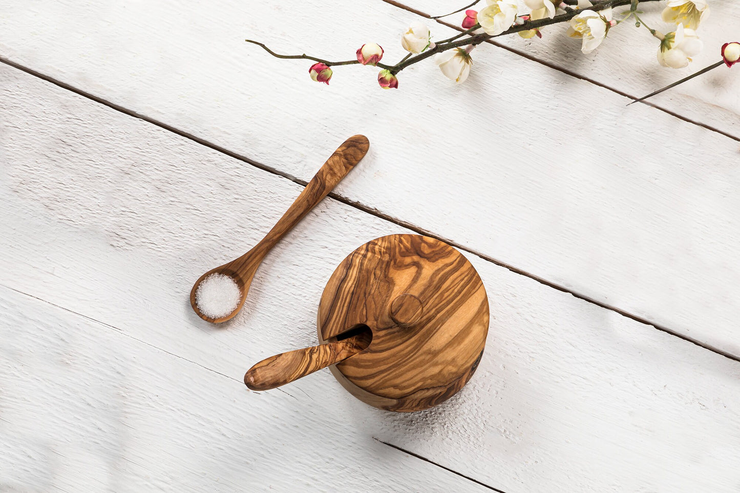 Olive Wood Handcrafted Tea Coffee Sugar Bowl W/ Spoon And Lid