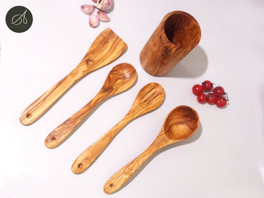 Set of 4 olive wood Kitchen Utensils and Round Utensil Holder, Kitchen Utensils, spoon, Ladle, spatula, restaurant, chef, gift