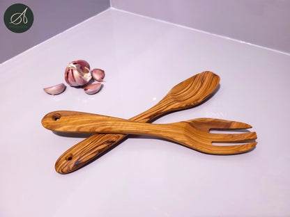 Olive Wood Small Square-Toed Cutlery 29 cm, salad server, spoon, fork, kitchen utensils, cookware, handmade, gift for chef, gift