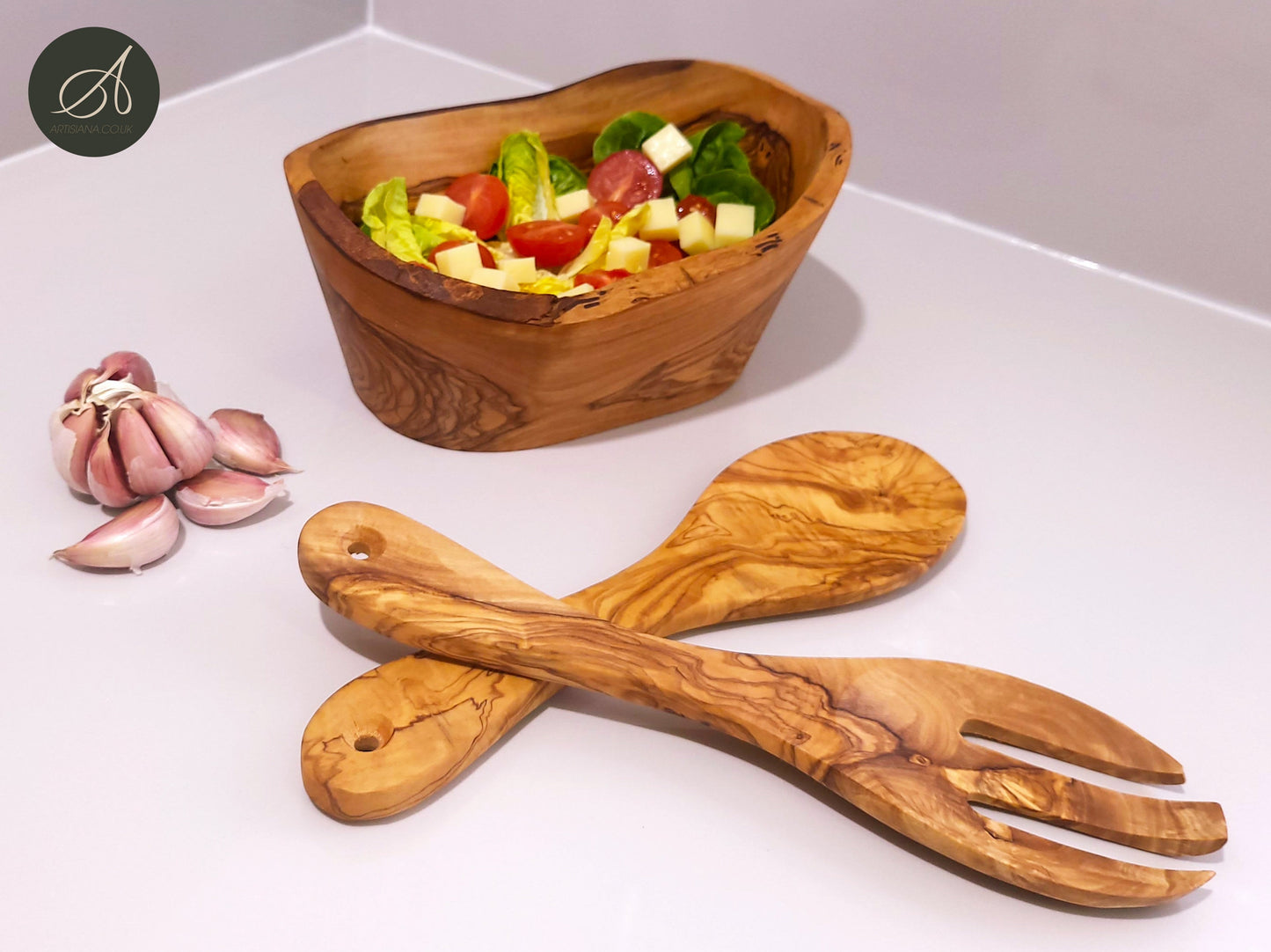 Set of olive wood hand carved Bowl and a salad server, kitchen set, handmade, cutlery, decor, gift