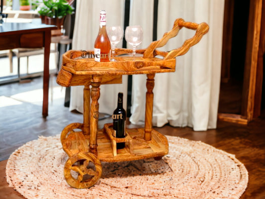 Olive Wood Display Cart, Wooden wine cart, Beautiful bar cart, artisanal cart, handmade, home decor, gift