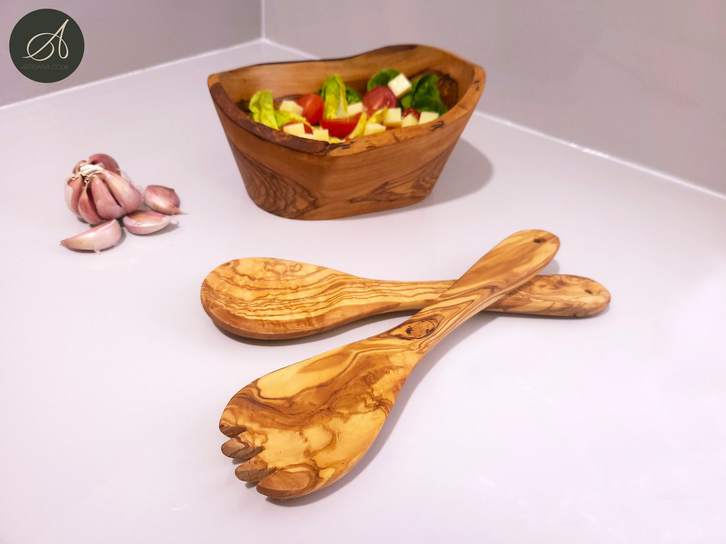 Rustic Hand Carved Bowl And Salad Serving Set