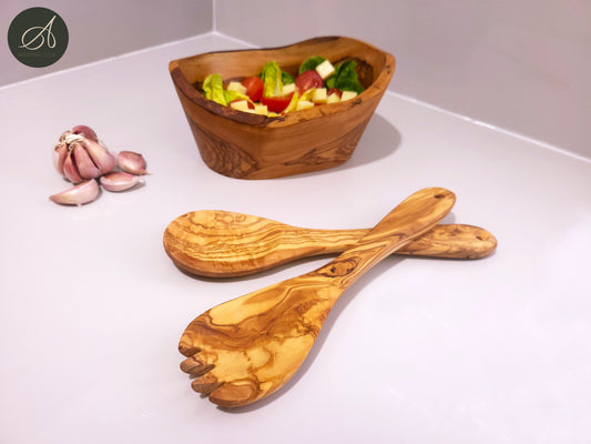 Rustic Hand Carved Bowl And Salad Serving Set