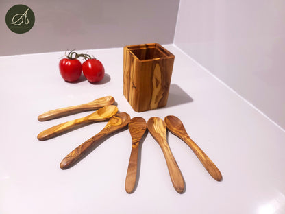 Wooden Utensils Set, Olive Wood Spoon Holder with 6 small spoons 13 cm, kitchen utensils, cookware, handmade, decor, gift, restaurant