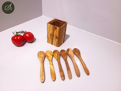 Wooden Utensils Set, Olive Wood Spoon Holder with 6 small spoons 13 cm, kitchen utensils, cookware, handmade, decor, gift, restaurant